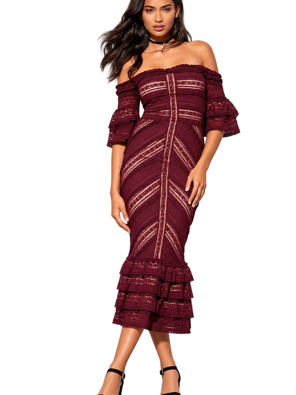 Cinq à Sept Naya Burgundy Lace Off Shoulder Midi Dress Size 4